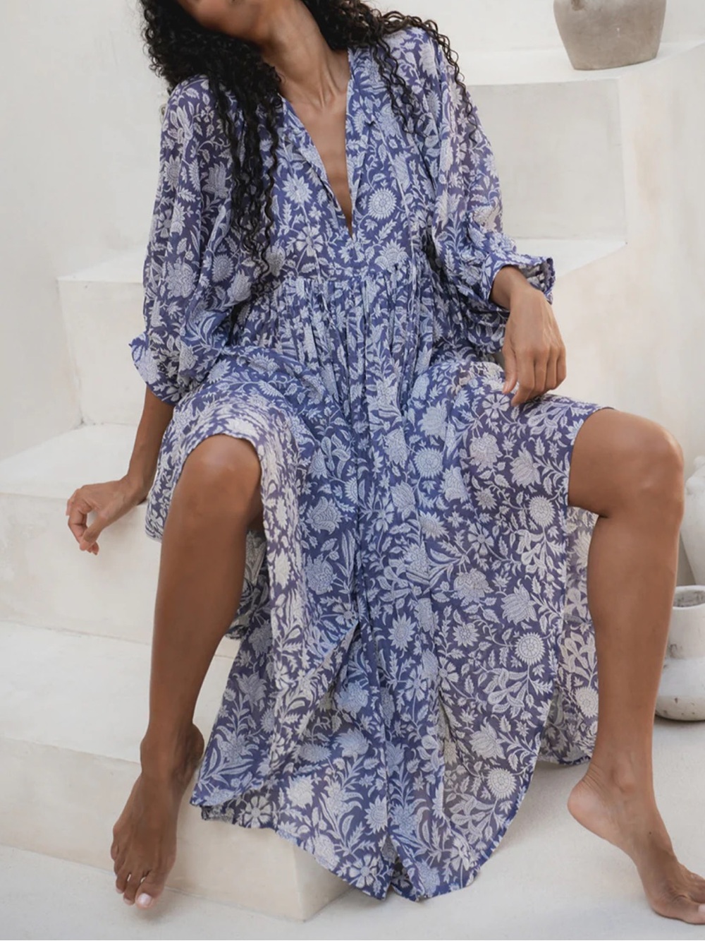 Daughters of India Navy and White Floral Midi Dress